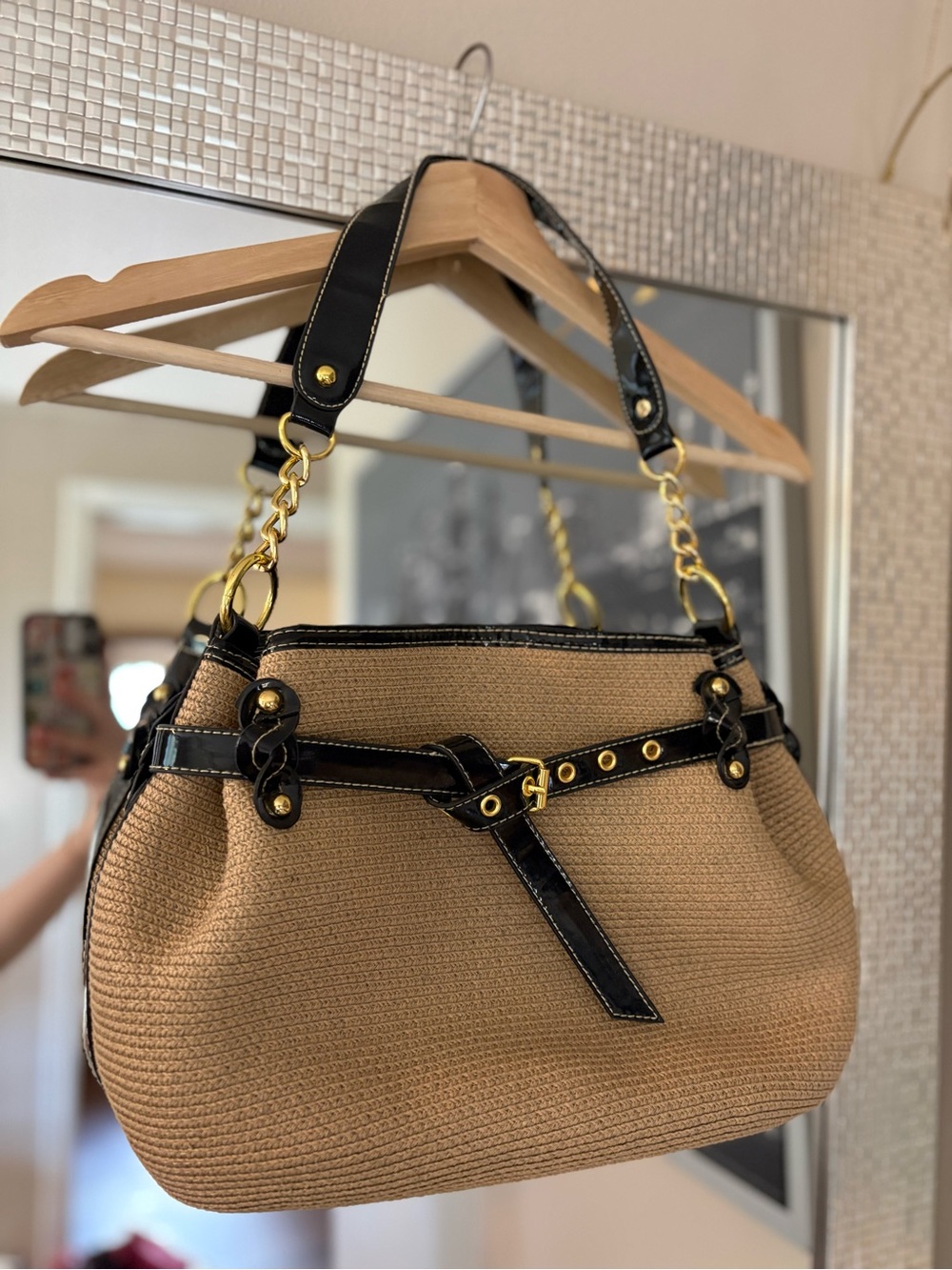 Magid Black Trim Tan Woven Shoulder Bag - Elegant Everyday Tote